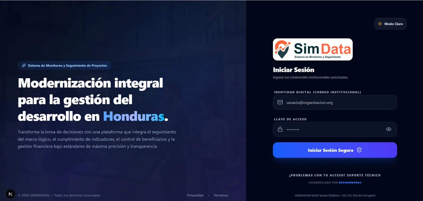 SIMDATA: Plataforma Multi-Tenant de Monitoreo, Evaluación y Gestión de Proyectos - Portal Institucional Seguro